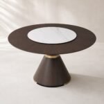 Masă de dining rotundă Noce cu blat furniruit și platou marmorat, perspectivă alternativă generată