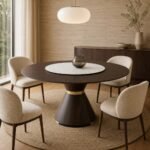 Masă de dining rotundă Noce cu blat furniruit și platou marmorat, ambient de dining generat