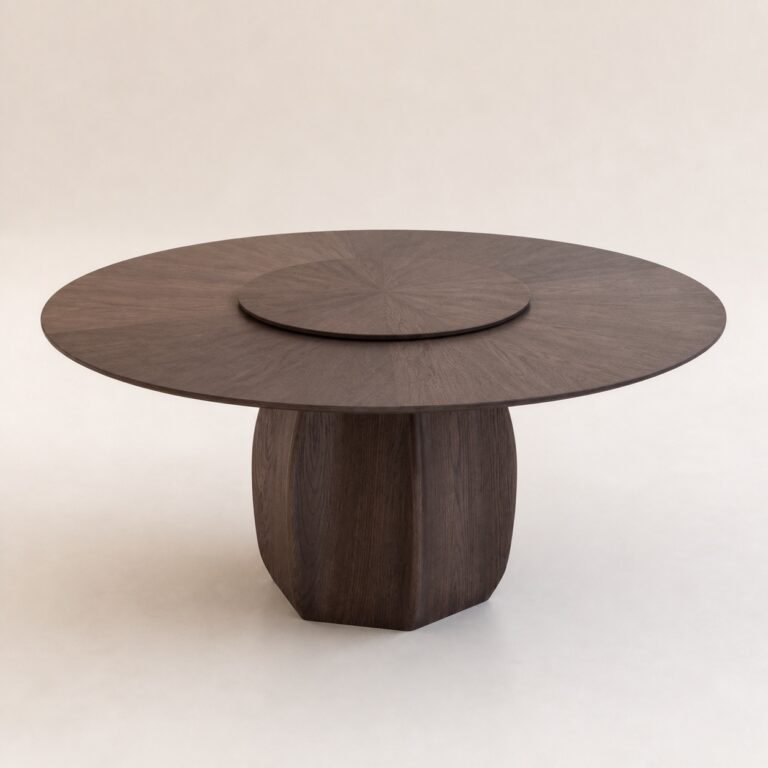 Masă de dining rotundă Voluta cu bază sculpturală și platou rotativ, perspectivă alternativă generată