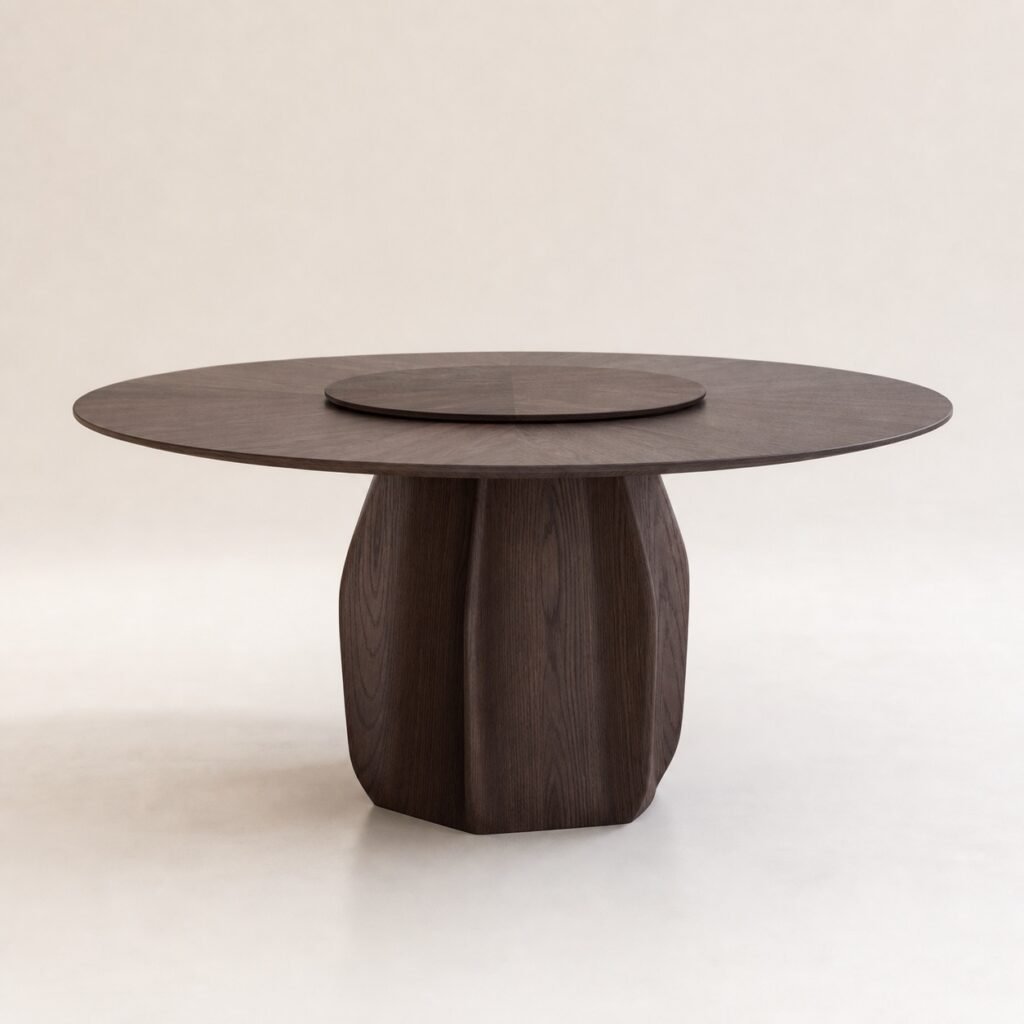 Masă de dining rotundă Voluta cu bază sculpturală și platou rotativ, imagine principală generată