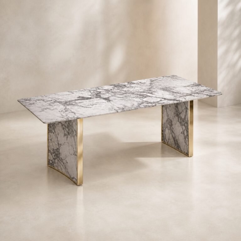 Masă de dining Aurelia cu blat marmorat și socluri cu ramă aurie, perspectivă alternativă generată