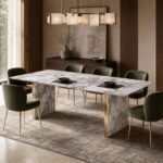 Masă de dining Aurelia cu blat marmorat și socluri cu ramă aurie, ambient de dining generat