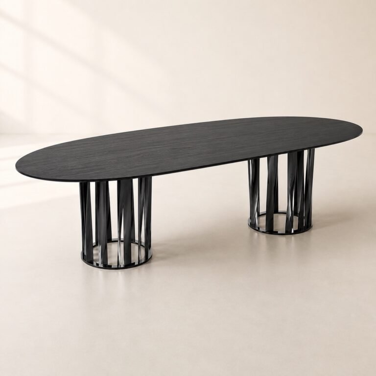 Masă de dining Cadenza cu blat oval și baze lamelare circulare, perspectivă alternativă generată