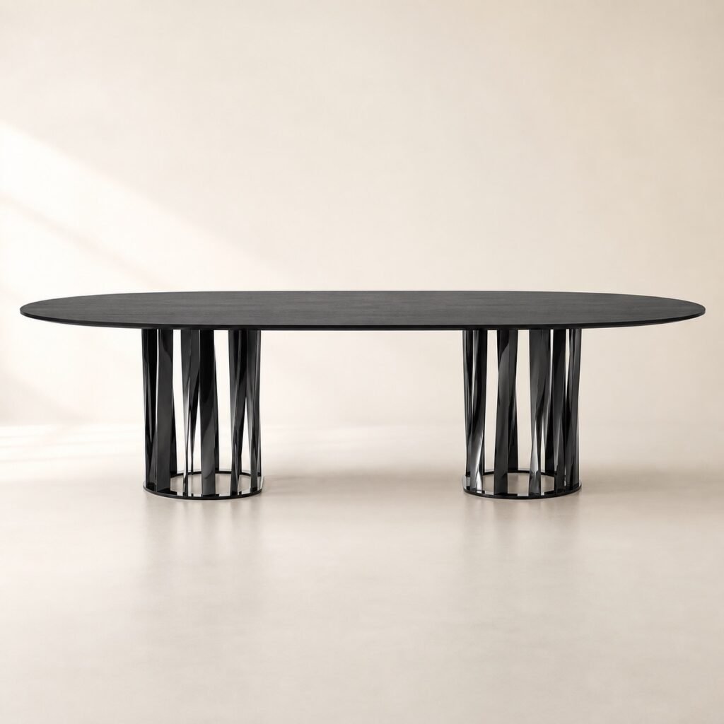 Masă de dining Cadenza cu blat oval și baze lamelare circulare, imagine principală generată
