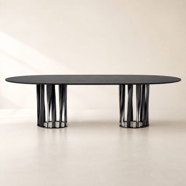 Masă de dining Cadenza cu blat oval și baze lamelare circulare, imagine principală generată