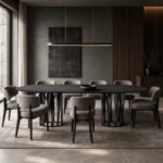 Masă de dining Cadenza cu blat oval și baze lamelare circulare, ambient de dining generat