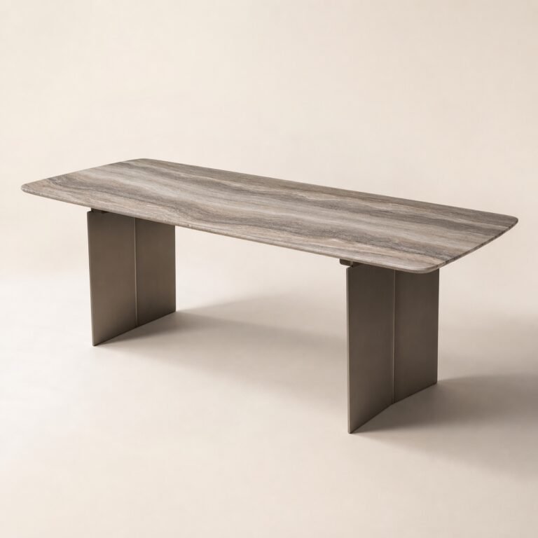 Masă de dining Strata cu blat mineral și picioare lamelare, perspectivă alternativă generată