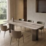 Masă de dining Strata cu blat mineral și picioare lamelare, ambient de dining generat