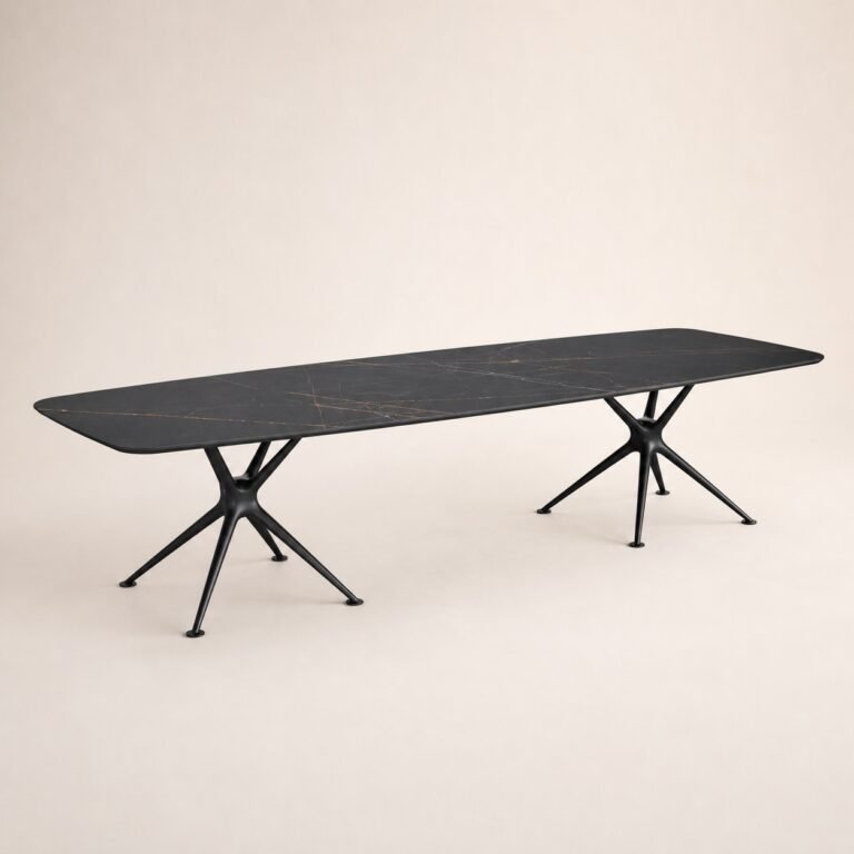 Masă de dining Arbor cu blat mineral și baze ramificate, perspectivă alternativă generată