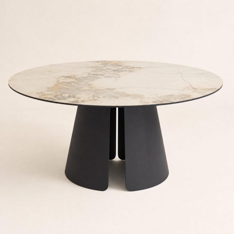 Masă de dining rotundă Trifolia cu blat marmorat și bază sculpturală, perspectivă alternativă generată