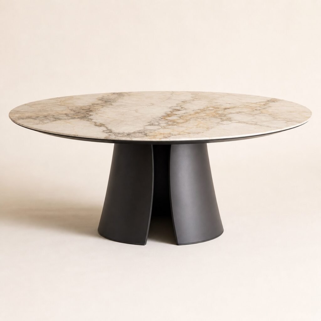 Masă de dining rotundă Trifolia cu blat marmorat și bază sculpturală, imagine principală generată