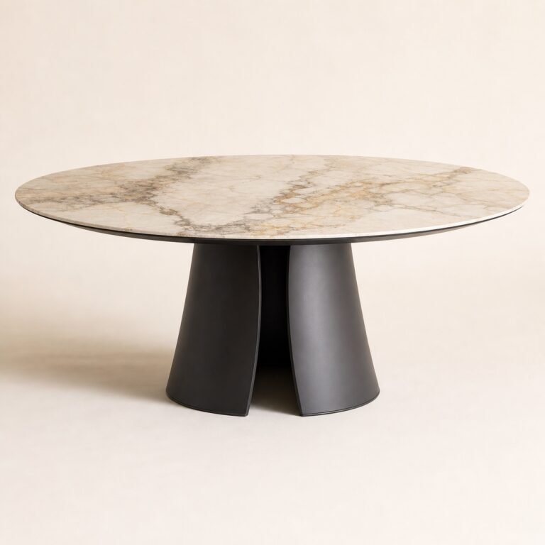 Masă de dining rotundă Trifolia cu blat marmorat și bază sculpturală, imagine principală generată