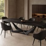Masă de dining Nexus cu blat negru și bază poligonală, ambient de dining generat