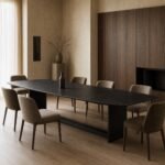 Masă de dining Portal cu blat negru și bază liniară, ambient de dining generat
