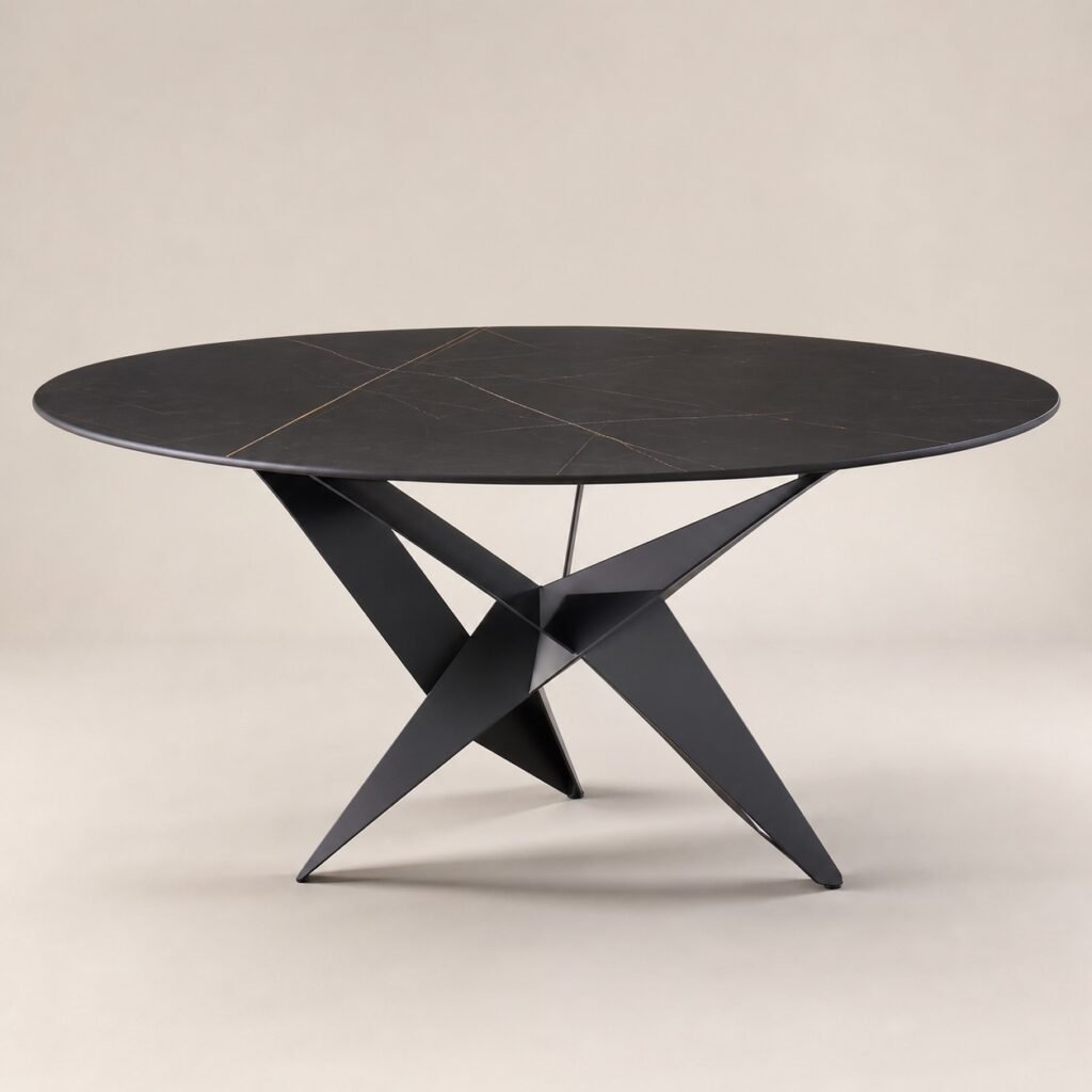 Masă de dining rotundă Origami cu blat negru și bază angulară, imagine principală generată