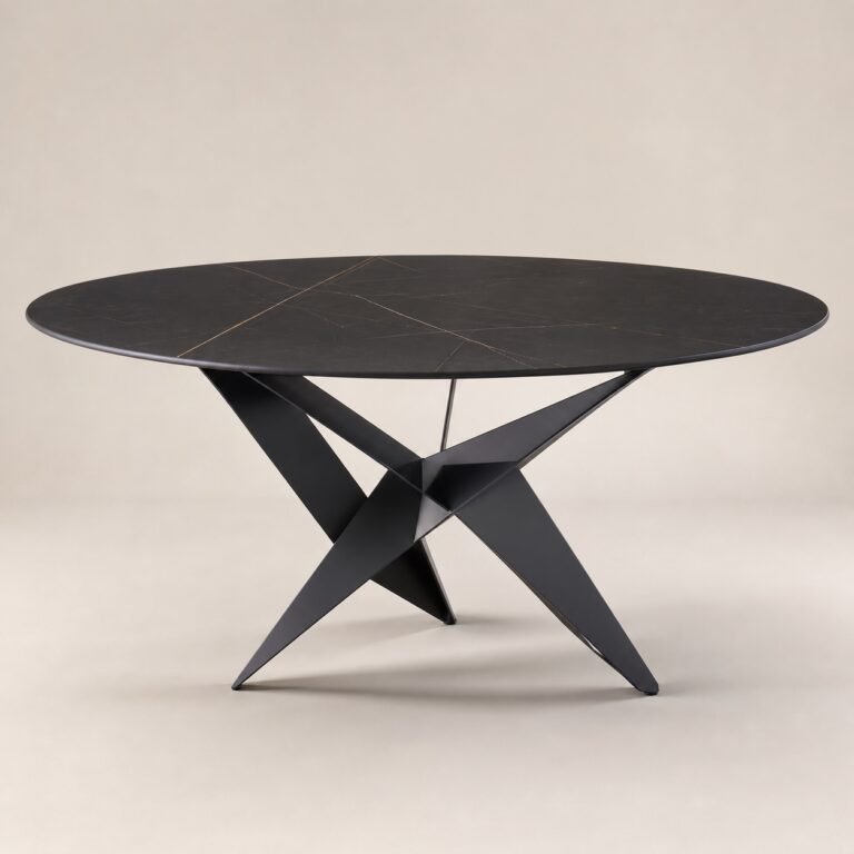 Masă de dining rotundă Origami cu blat negru și bază angulară, imagine principală generată