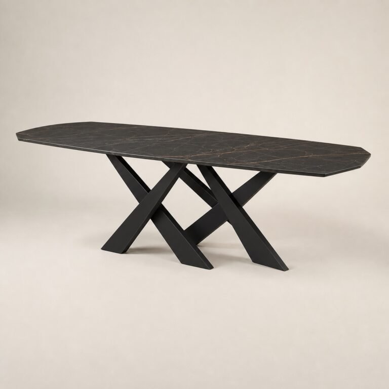 Masă de dining Axis cu blat negru și bază dublă în X, perspectivă alternativă generată