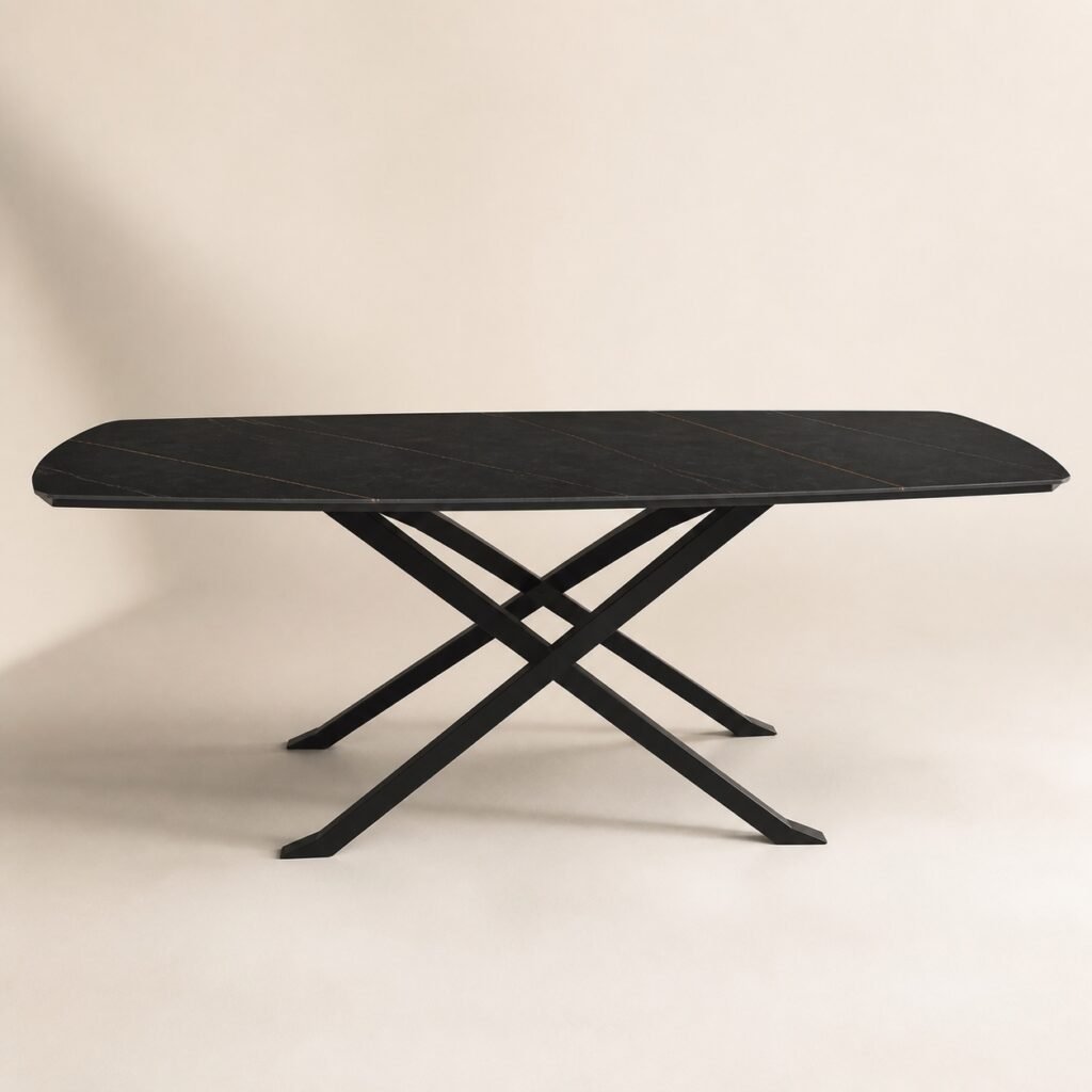 Masă de dining Axis cu blat negru și bază dublă în X, imagine principală generată