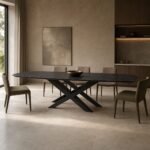 Masă de dining Axis cu blat negru și bază dublă în X, ambient de dining generat