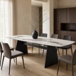Masă de dining Pylon cu blat marmorat și baze trapezoidale, ambient de dining generat