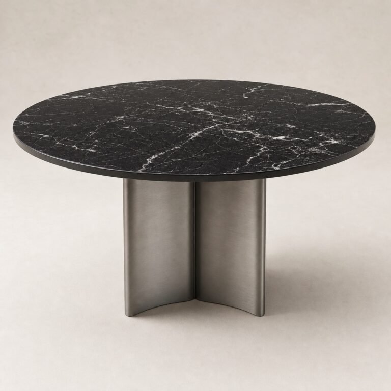 Masă de dining rotundă Quadrant cu blat negru și bază radială, perspectivă alternativă generată