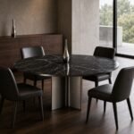 Masă de dining rotundă Quadrant cu blat negru și bază radială, ambient de dining generat