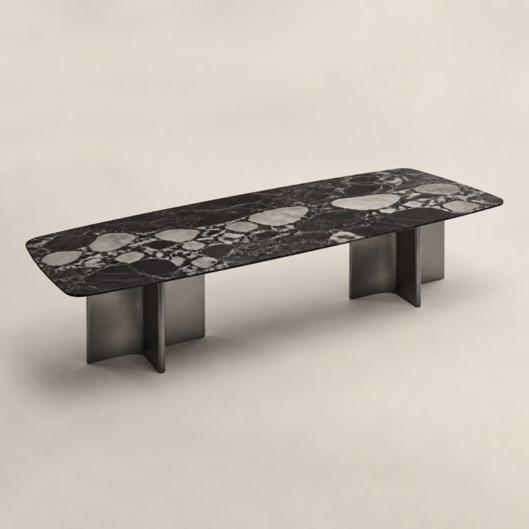 Masă de dining Breccia cu blat marmorat și baze cruciforme, perspectivă alternativă generată