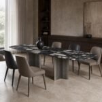 Masă de dining Breccia cu blat marmorat și baze cruciforme, ambient de dining generat