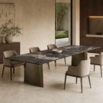 Masă de dining Monolith cu blat marmorat și picioare tip cascadă, ambient de dining generat