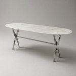 Masă de dining Elara cu blat oval marmorat și picioare torsionate, perspectivă alternativă generată