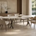 Masă de dining Elara cu blat oval marmorat și picioare torsionate, ambient de dining generat