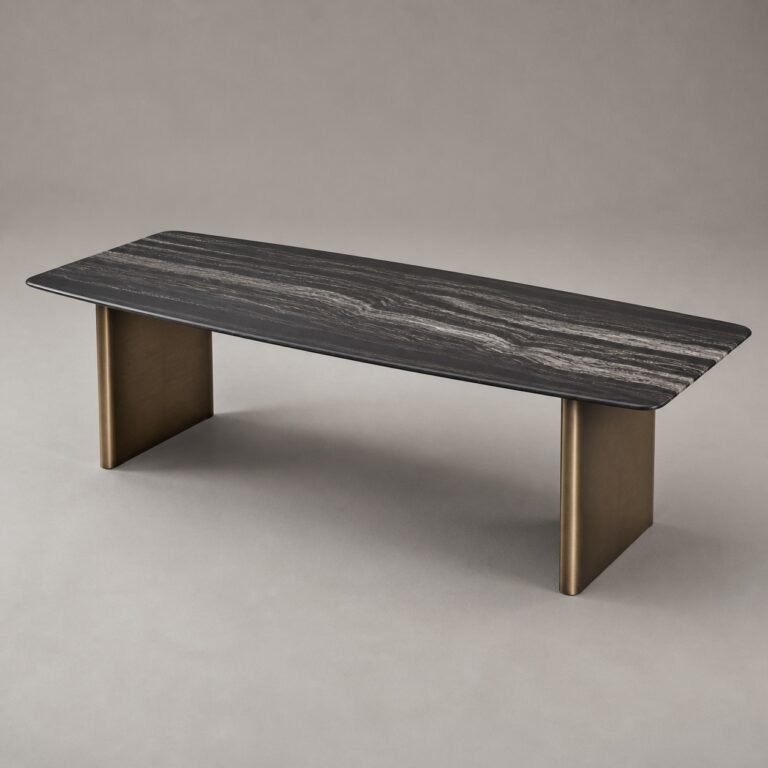 Masă de dining Riva cu blat mineral striat și picioare-panou curbate, perspectivă alternativă generată
