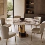 Masă de dining rotundă Helix cu blat marmorat și bază spiralată, ambient de dining generat