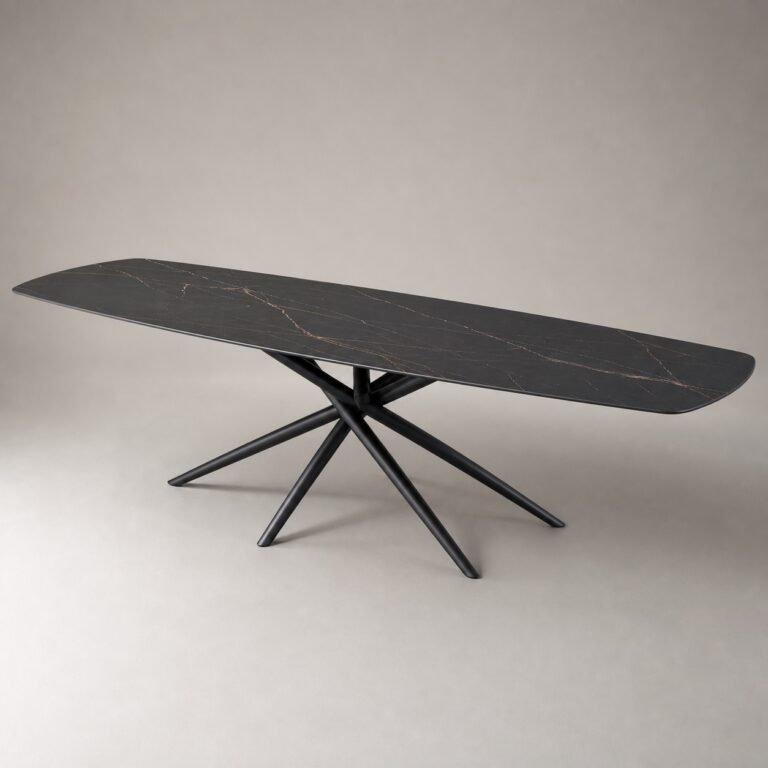 Masă de dining Aster cu blat negru și bază radială tubulară, perspectivă alternativă generată