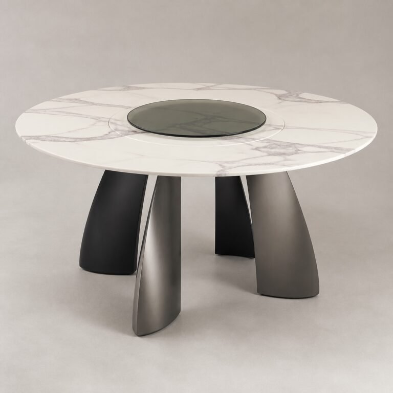 Masă de dining rotundă Vortex cu blat marmorat și picioare radiale, perspectivă alternativă generată