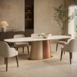 Masă de dining Atelier cu blat marmorat și soclu bicolor împletit, ambient de dining generat