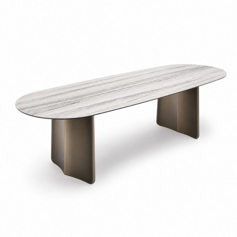 Masă de dining Selene cu blat marmorat tip capsulă și baze arcuite, perspectivă alternativă generată