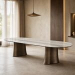 Masă de dining Selene cu blat marmorat tip capsulă și baze arcuite, ambient de dining generat