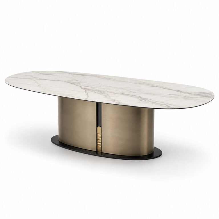 Masă de dining Rivet cu blat oval marmorat și soclu cu inserție verticală, perspectivă alternativă generată