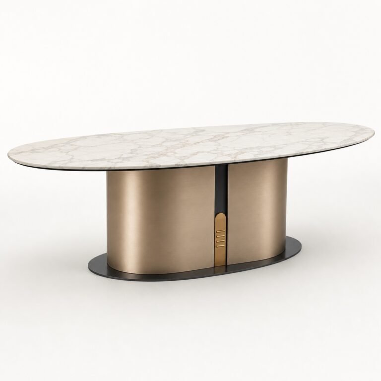 Masă de dining Rivet cu blat oval marmorat și soclu cu inserție verticală, imagine principală generată