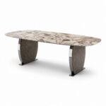 Masă de dining Caldera cu blat breciat și baze ovale încadrate, perspectivă alternativă generată