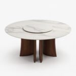 Masă de dining rotundă Rosetta cu blat marmorat și bază petalată din lemn, perspectivă alternativă generată