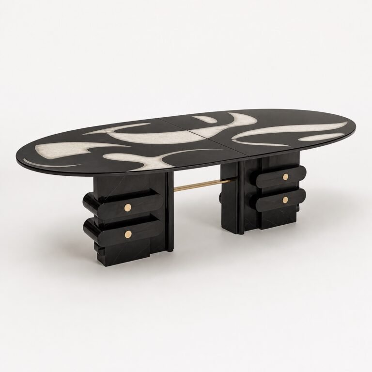 Masă de dining Marea cu blat oval artistic și baze articulate, perspectivă alternativă generată