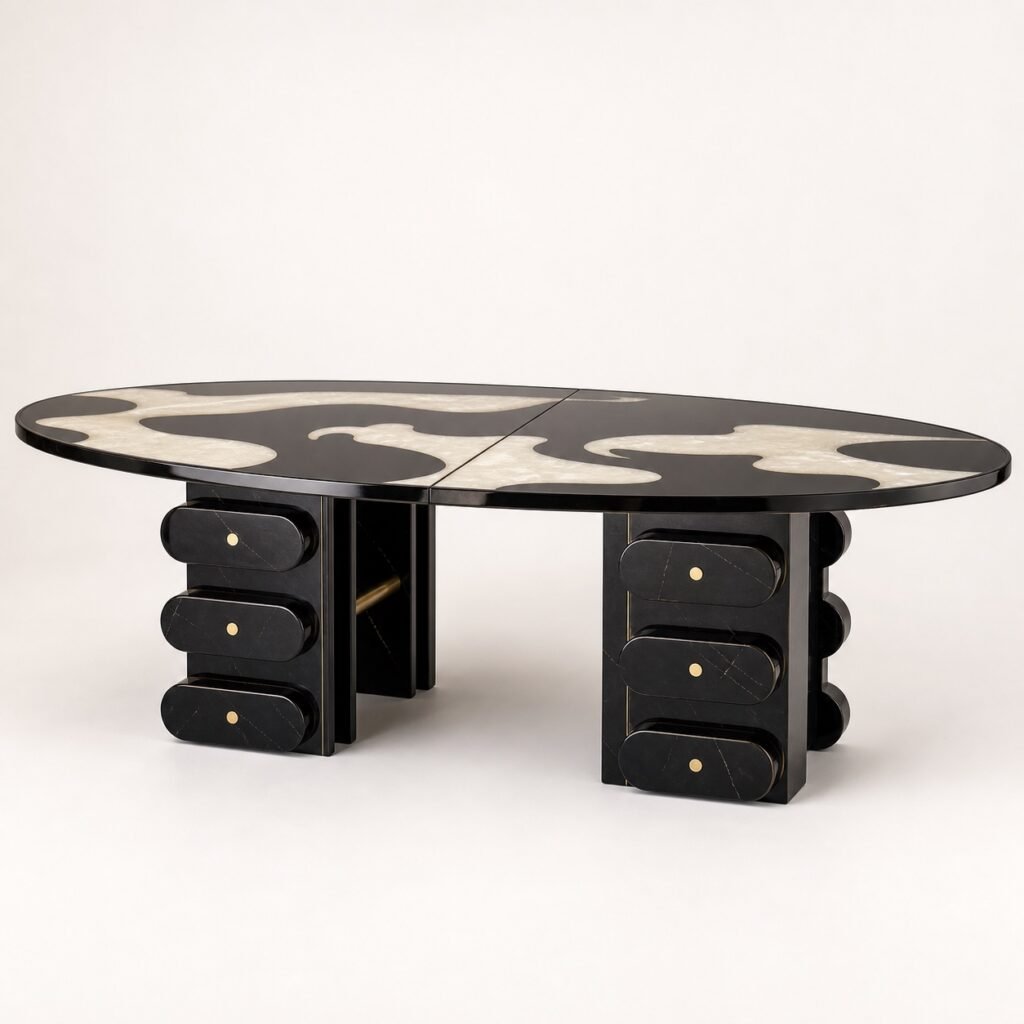 Masă de dining Marea cu blat oval artistic și baze articulate, imagine principală generată