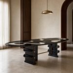Masă de dining Marea cu blat oval artistic și baze articulate, ambient de dining generat