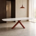 Masă de dining Rubra cu blat marmorat și bază tubulară tripodală, ambient de dining generat