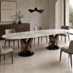 Masă de dining Helia cu blat marmorat și baze elicoidale din lemn, ambient de dining generat