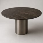 Masă de dining rotundă Solenne cu blat marmorat și soclu cilindric metalic, perspectivă alternativă generată