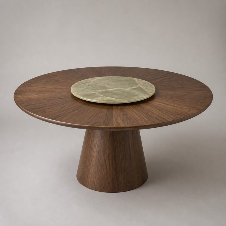 Masă de dining rotundă Sylva cu blat din nuc și platou rotativ din onix verde, perspectivă alternativă generată