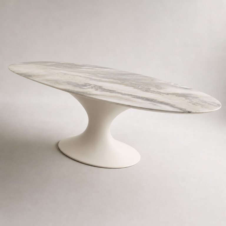 Masă de dining Nevia cu blat oval marmorat și soclu fluid, perspectivă alternativă generată